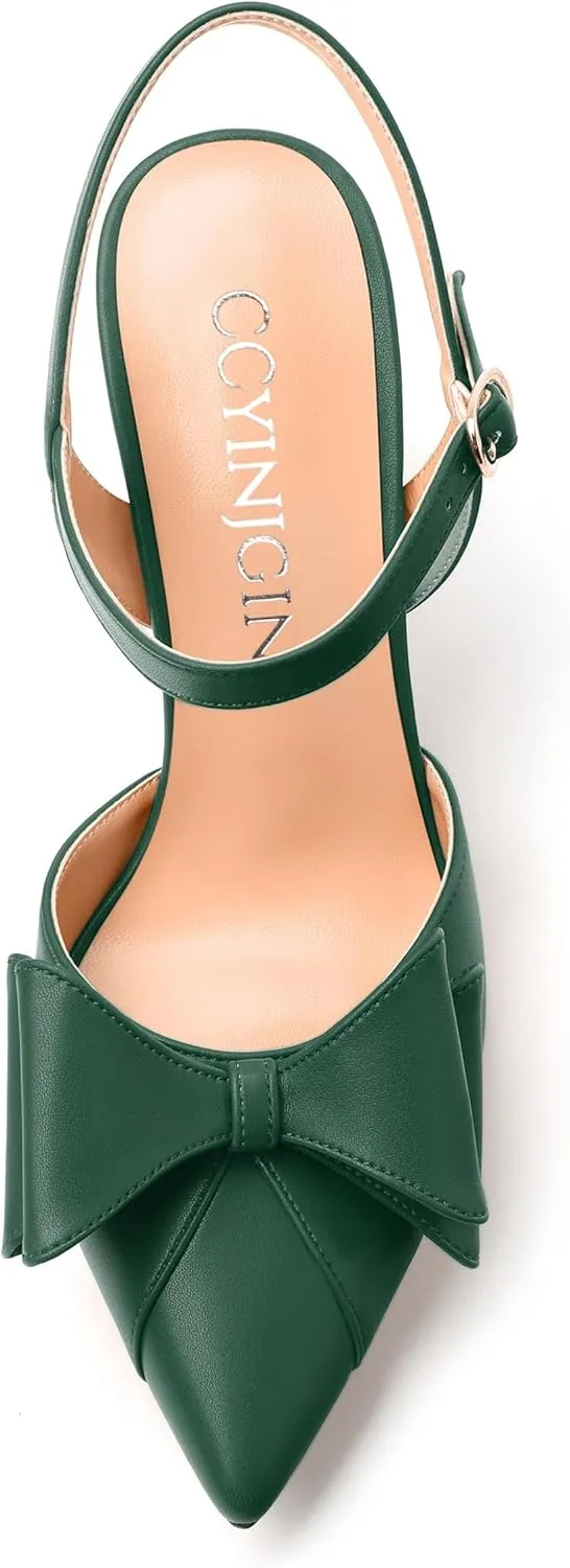 Women's Heeled Sandals, Double Bowknot Sandals Chunky High Heels Pumps, Sexy Closed Pointed Toe Ankle Strap Heels Slingback Slip on Comfortable wedding Bridal Dress Shoes