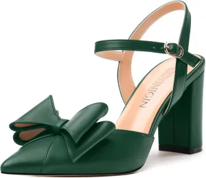 Women's Heeled Sandals, Double Bowknot Sandals Chunky High Heels Pumps, Sexy Closed Pointed Toe Ankle Strap Heels Slingback Slip on Comfortable wedding Bridal Dress Shoes