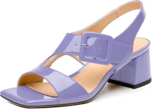 Womens Heeled Sandals Shoes, Square Peep Toe Mid Block Heel Ankle Strap Sandals for Women, Leather Insole Chunky Heel Sandals with Buckle 2"