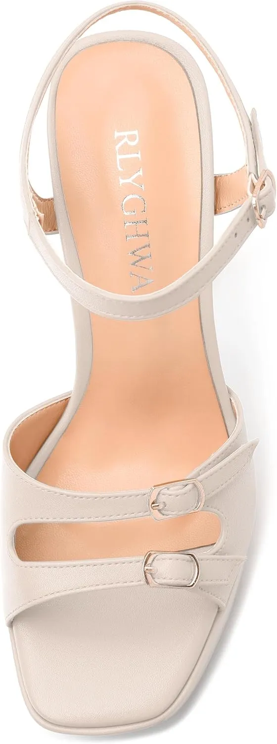 Women's High Heel Platform Sandals - Open Square Toe Block Heels, Adjustable Ankle Strap Buckle, Chic Solid Color Dress Shoes for Weddings, Parties, Daily Wear