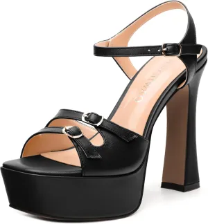 Women's High Heel Platform Sandals - Open Square Toe Block Heels, Adjustable Ankle Strap Buckle, Chic Solid Color Dress Shoes for Weddings, Parties, Daily Wear