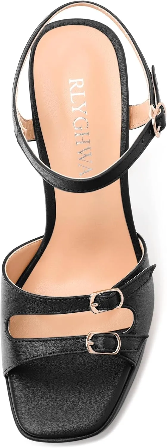 Women's High Heel Platform Sandals - Open Square Toe Block Heels, Adjustable Ankle Strap Buckle, Chic Solid Color Dress Shoes for Weddings, Parties, Daily Wear