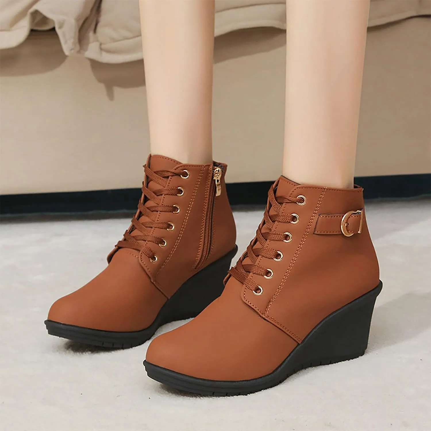 Women's Lace up Combat Ankle Boots High Chunky Wedge Heel Fashion Heeled Booties Buckle up Comfortable Shoes