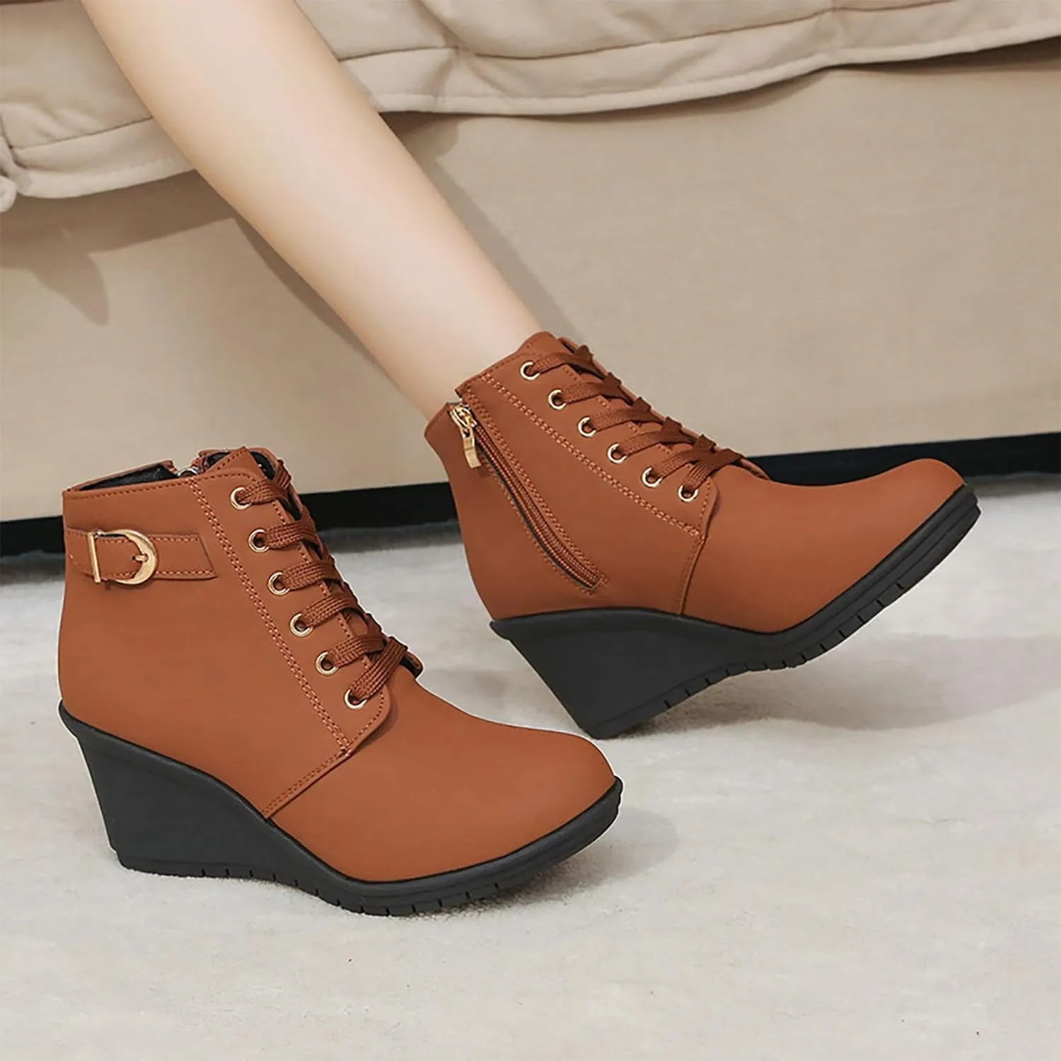 Women's Lace up Combat Ankle Boots High Chunky Wedge Heel Fashion Heeled Booties Buckle up Comfortable Shoes