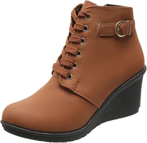 Women's Lace up Combat Ankle Boots High Chunky Wedge Heel Fashion Heeled Booties Buckle up Comfortable Shoes