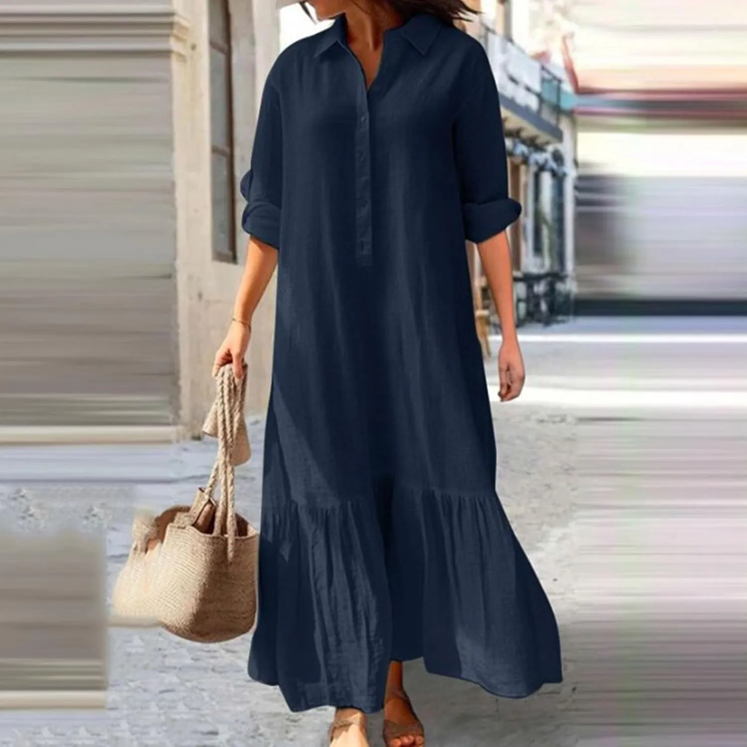 Womens Long Sleeve Bohemian Cotton Linen Dresses Casual Button Loose Maxi Long Dress Trendy Boho Dresses w Pockets