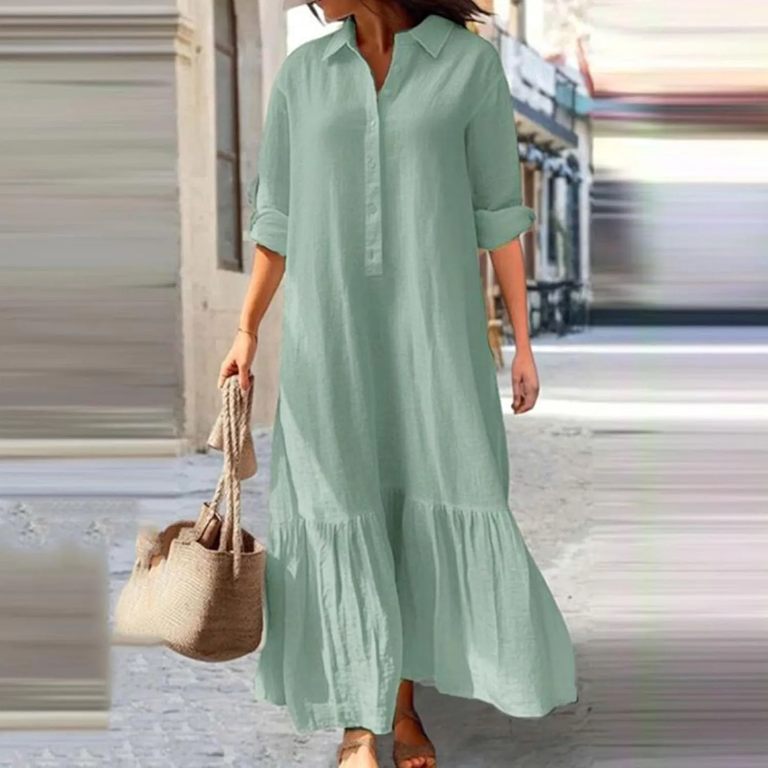 Womens Long Sleeve Bohemian Cotton Linen Dresses Casual Button Loose Maxi Long Dress Trendy Boho Dresses w Pockets