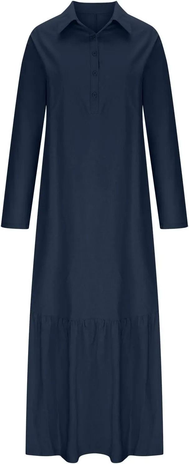 Womens Long Sleeve Bohemian Cotton Linen Dresses Casual Button Loose Maxi Long Dress Trendy Boho Dresses w Pockets