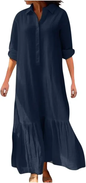 Womens Long Sleeve Bohemian Cotton Linen Dresses Casual Button Loose Maxi Long Dress Trendy Boho Dresses w Pockets