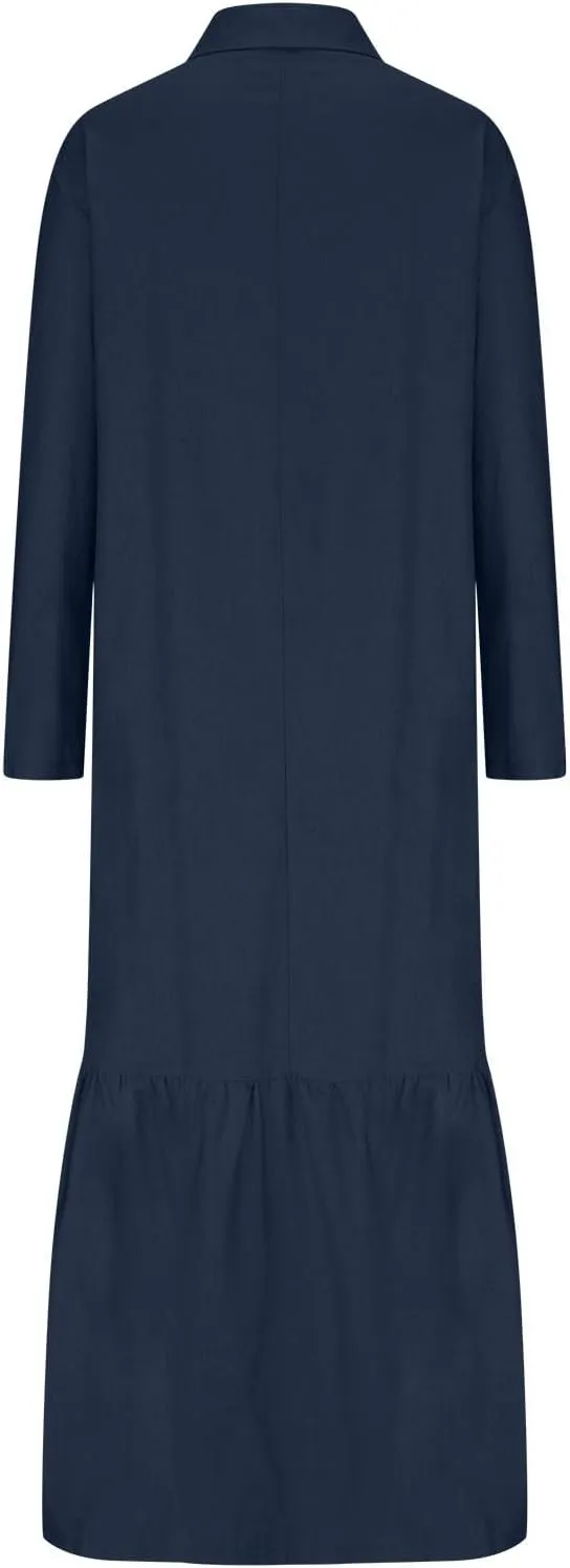 Womens Long Sleeve Bohemian Cotton Linen Dresses Casual Button Loose Maxi Long Dress Trendy Boho Dresses w Pockets