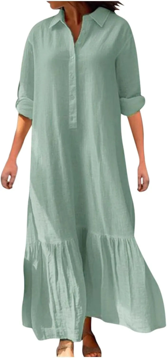 Womens Long Sleeve Bohemian Cotton Linen Dresses Casual Button Loose Maxi Long Dress Trendy Boho Dresses w Pockets