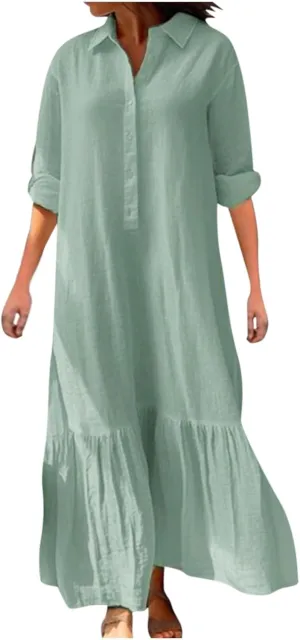Womens Long Sleeve Bohemian Cotton Linen Dresses Casual Button Loose Maxi Long Dress Trendy Boho Dresses w Pockets