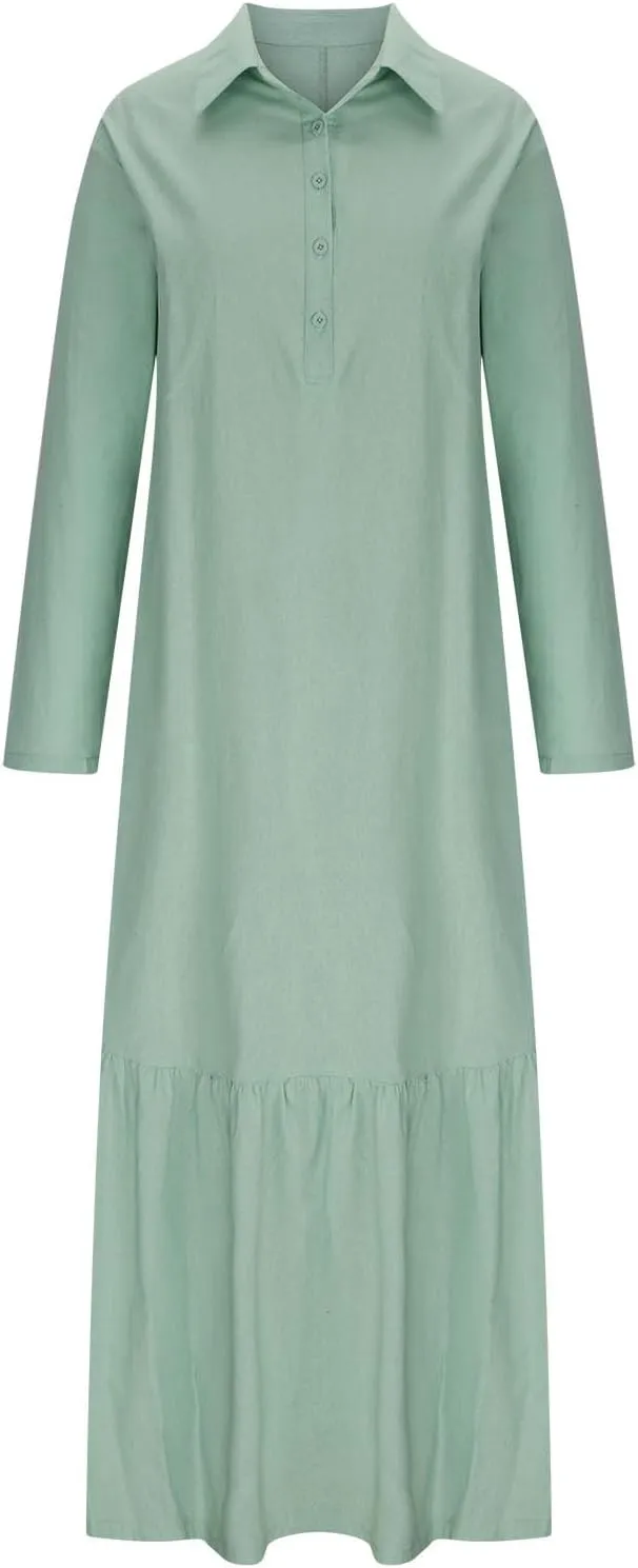 Womens Long Sleeve Bohemian Cotton Linen Dresses Casual Button Loose Maxi Long Dress Trendy Boho Dresses w Pockets