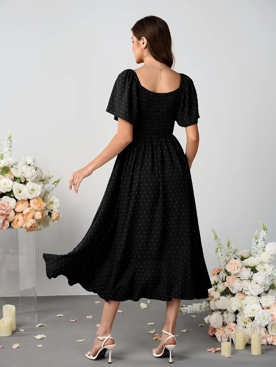 Womens Long Summer Boho Dress V Neck Swiss Dots Smocked Ruched Ruffle Button Down Flowy A Line Formal Maxi Dresses
