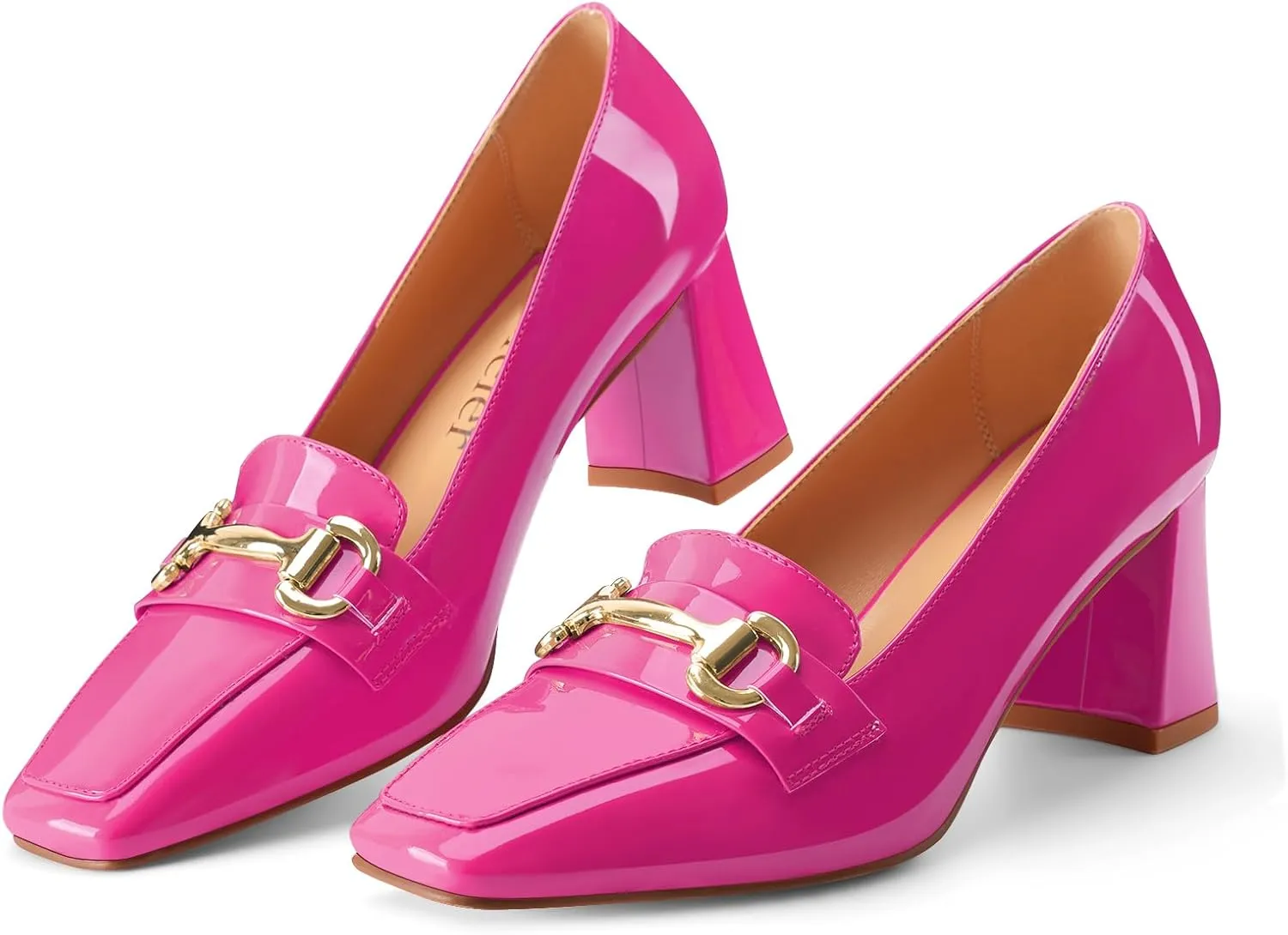 Womens Mid Block Chunky Heeled Loafers Closed Square Toe Patent Leather Comfortable Slip On Pumps Metal Chain Basic Classic Casual Work Office Dress Shoes 2.8 Inches Heels