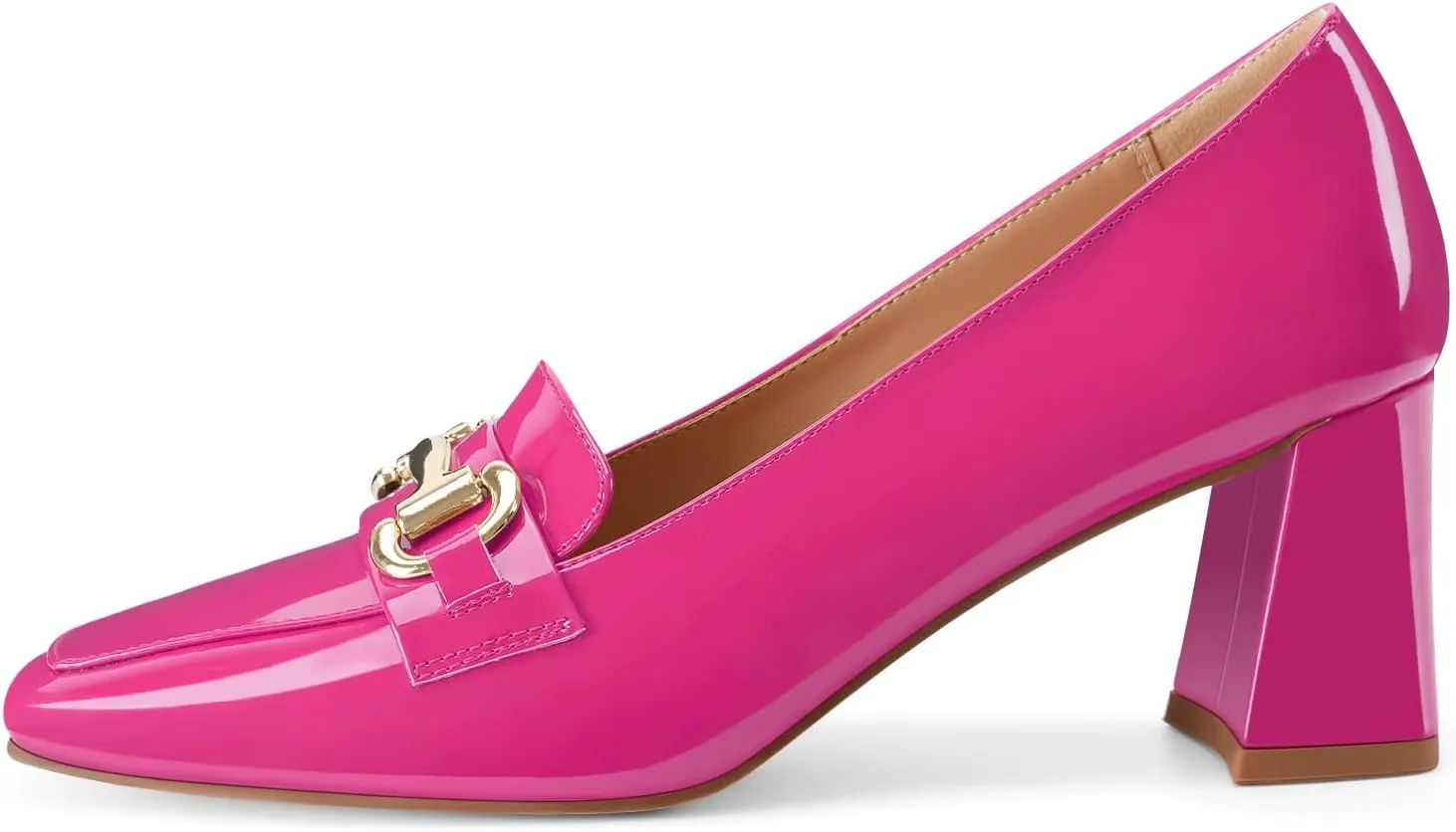 Womens Mid Block Chunky Heeled Loafers Closed Square Toe Patent Leather Comfortable Slip On Pumps Metal Chain Basic Classic Casual Work Office Dress Shoes 2.8 Inches Heels