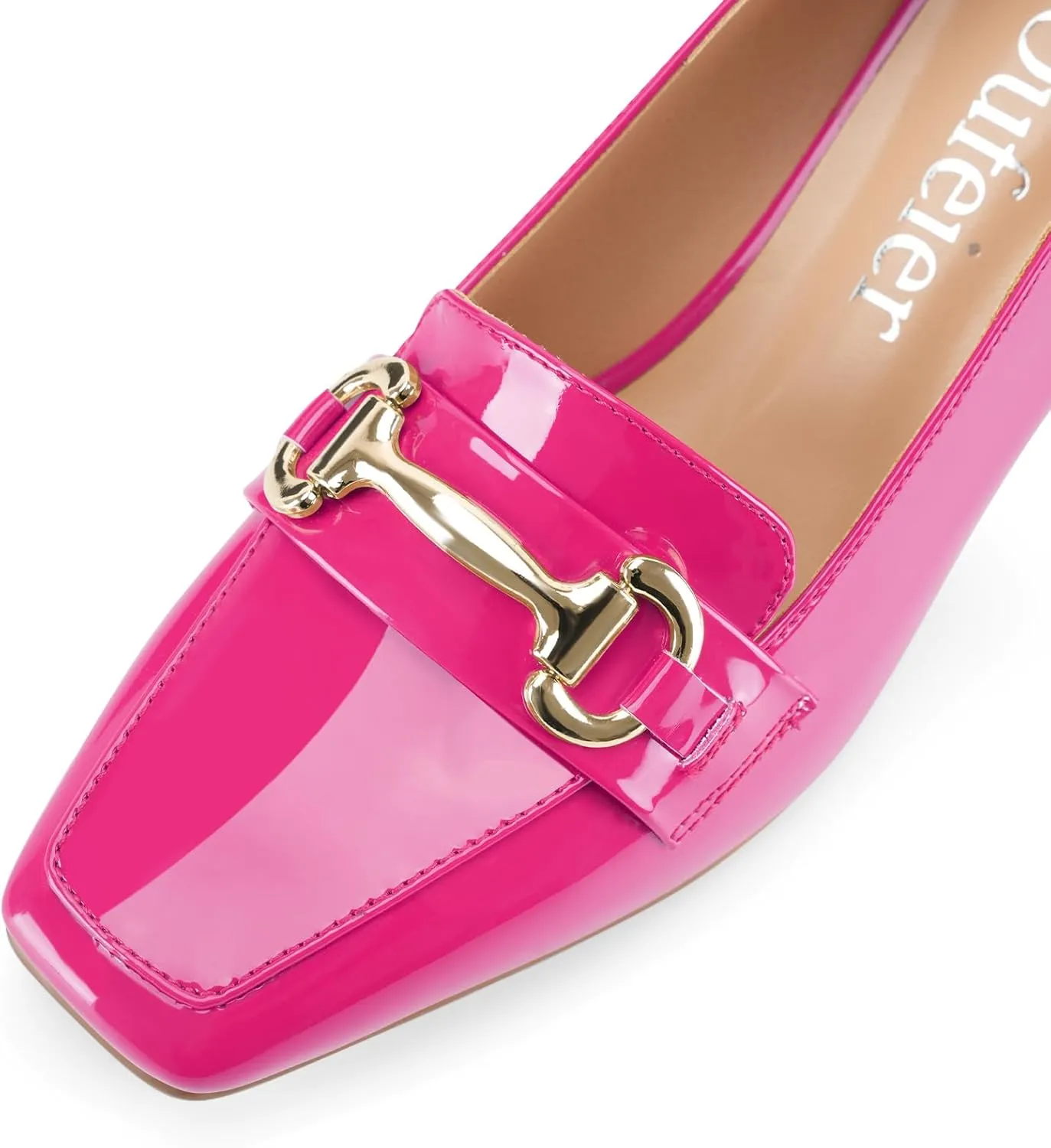 Womens Mid Block Chunky Heeled Loafers Closed Square Toe Patent Leather Comfortable Slip On Pumps Metal Chain Basic Classic Casual Work Office Dress Shoes 2.8 Inches Heels