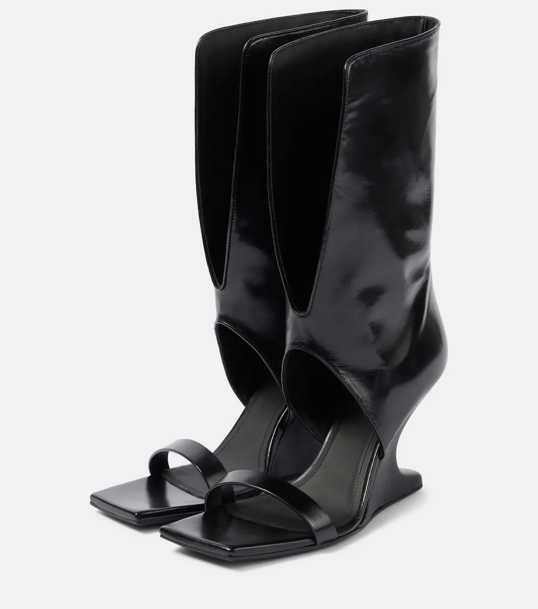 Women's Open Toe Knee High Boots Block Heel Sandals Unique Shape Wedge Heel Mid-Calf Boots Black Dress High Heels for Summer