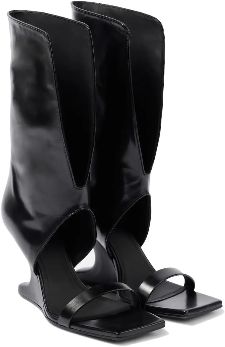 Women's Open Toe Knee High Boots Block Heel Sandals Unique Shape Wedge Heel Mid-Calf Boots Black Dress High Heels for Summer
