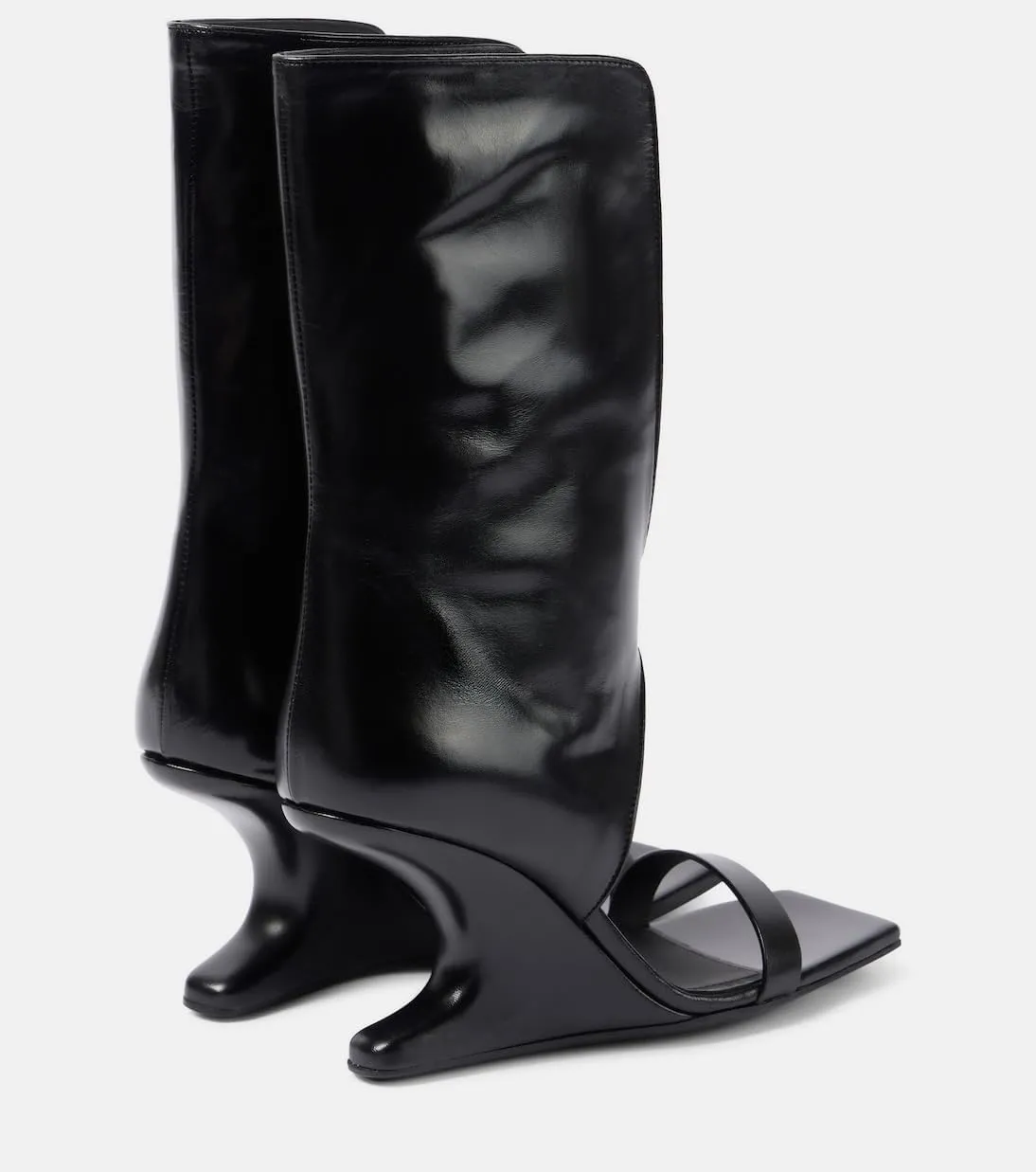 Women's Open Toe Knee High Boots Block Heel Sandals Unique Shape Wedge Heel Mid-Calf Boots Black Dress High Heels for Summer