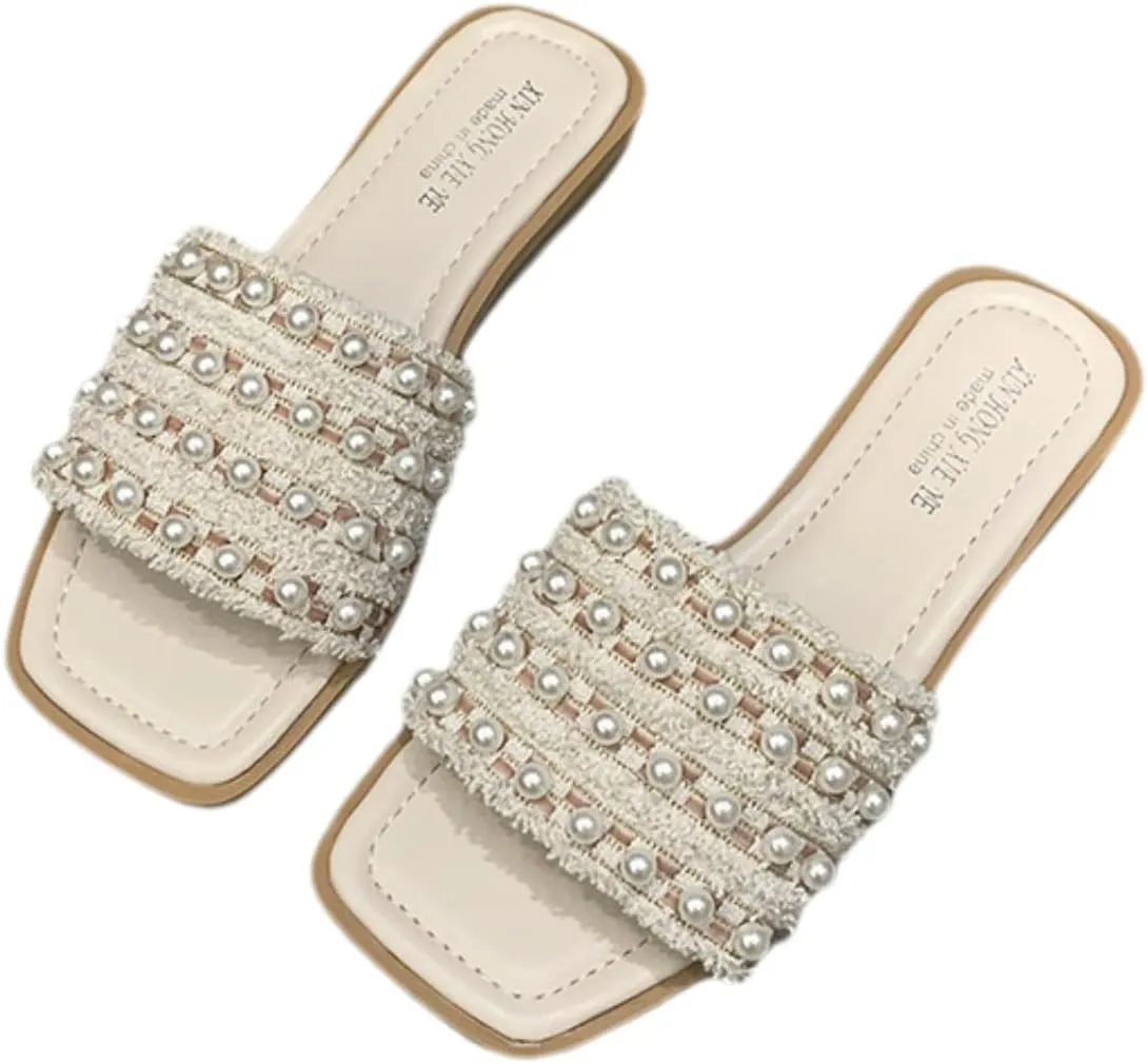 Women's Pearl Decoration Striped Flat Sandals Summer Lightweight One Strap Design Casual Fashion Square Toe Open Toe Slippers