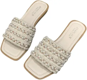 Women's Pearl Decoration Striped Flat Sandals Summer Lightweight One Strap Design Casual Fashion Square Toe Open Toe Slippers