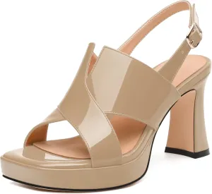 Womens Platform Ankle Strap Sandals, Square Toe Chunky Heel Leather Insole Sandals for Women, Block Heel Strappy Sandals with Buckle 3.3"