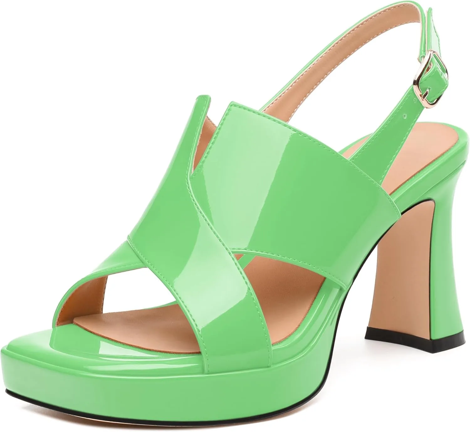 Womens Platform Ankle Strap Sandals, Square Toe Chunky Heel Leather Insole Sandals for Women, Block Heel Strappy Sandals with Buckle 3.3"