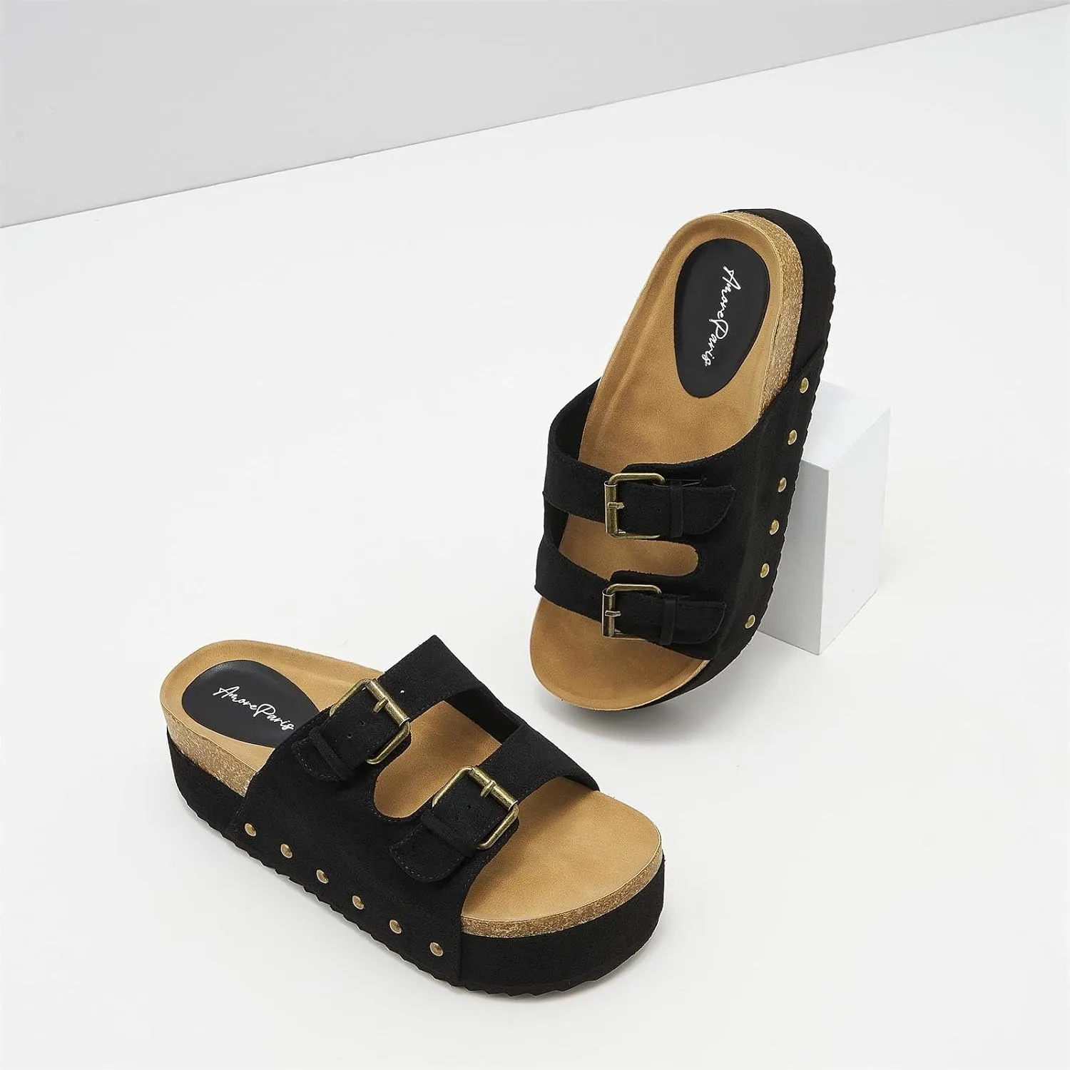 Women's Platform Cork Slides Dual Buckled Straps Clogs Slip On Flatform Sandals for Women Clogs