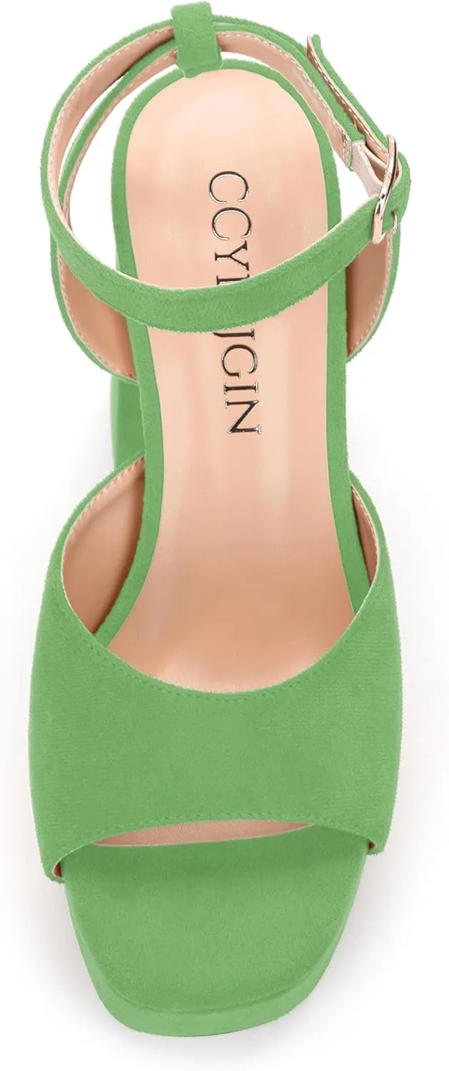 Women's Platform Heels Sandals, Ankle Strap Block Chunky Heel Suede Peep Toe Sandals, Fashion Dress Wedding High Heeled Wedges Pumps