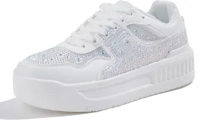 Women's Platform Sneakers Sparkle Rhinestone Chunky Shoes Leather Low Top Lace Up Walking Shoes