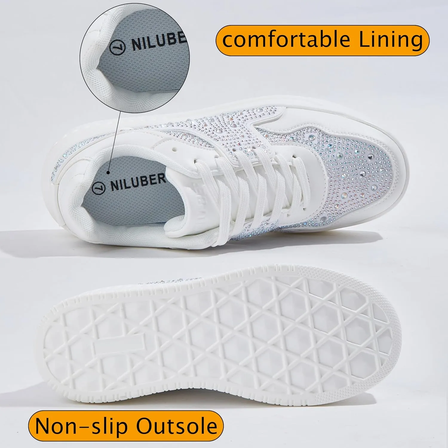 Women's Platform Sneakers Sparkle Rhinestone Chunky Shoes Leather Low Top Lace Up Walking Shoes