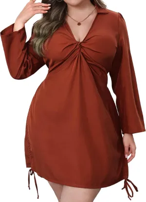 Women‘s Plus Size Dress Long Sleeve V Neck A Line Mini Short Cocktail Summer Casual Dress