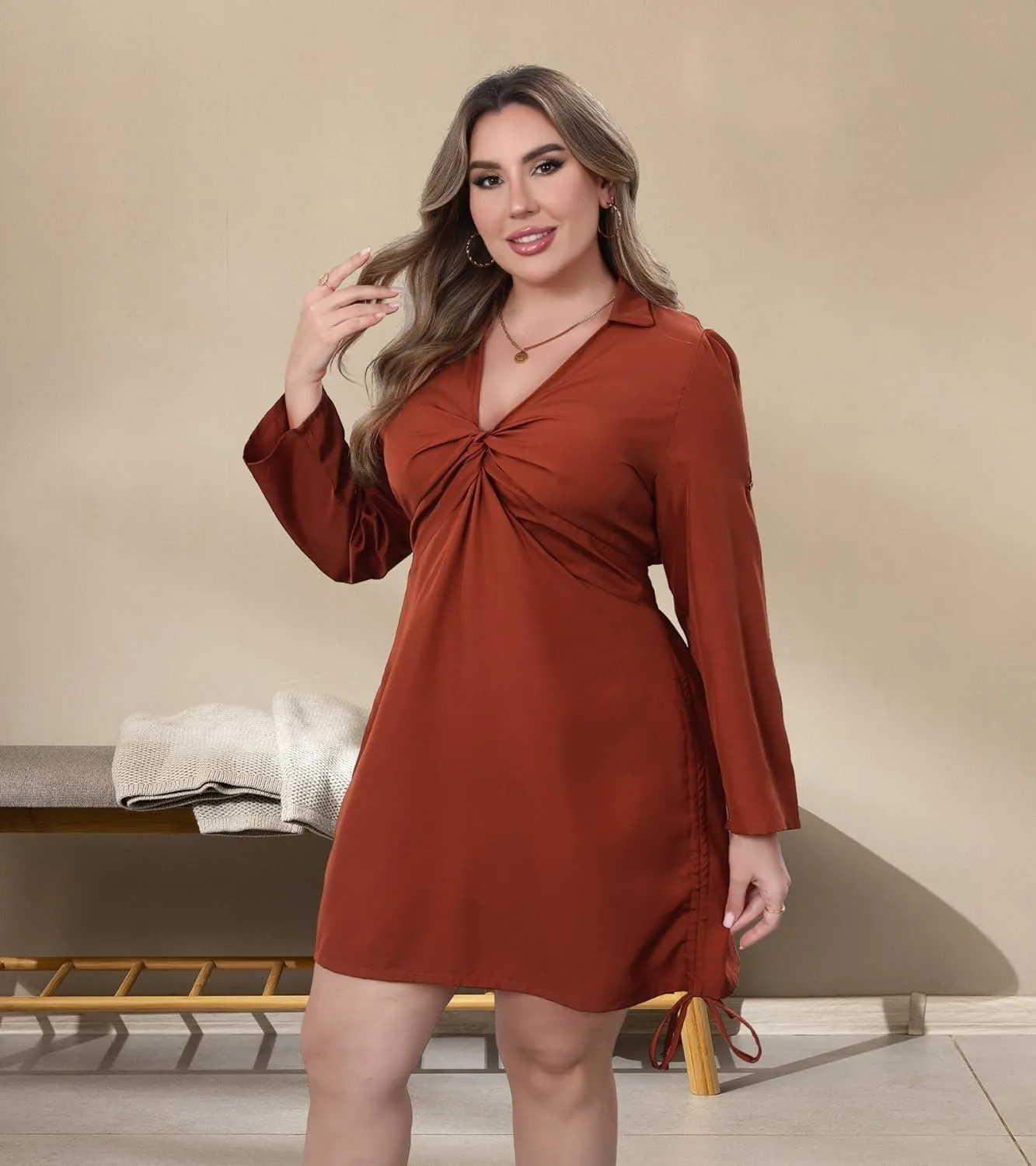 Women‘s Plus Size Dress Long Sleeve V Neck A Line Mini Short Cocktail Summer Casual Dress
