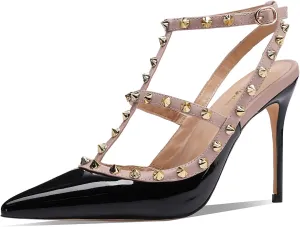 Womens Pointed Toe Rivets Ankle Strap Hollow Buckle Back Strap 3.9in Stiletto High Heels Sandals Parties Banquets Sexy Dressy Shoes