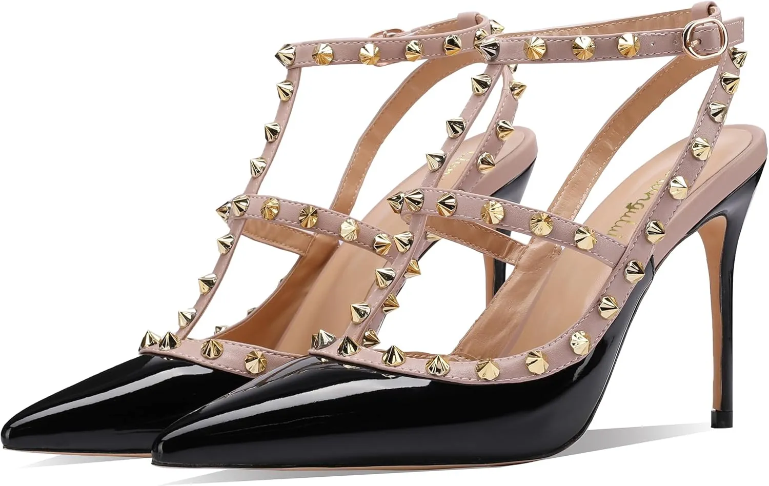 Womens Pointed Toe Rivets Ankle Strap Hollow Buckle Back Strap 3.9in Stiletto High Heels Sandals Parties Banquets Sexy Dressy Shoes