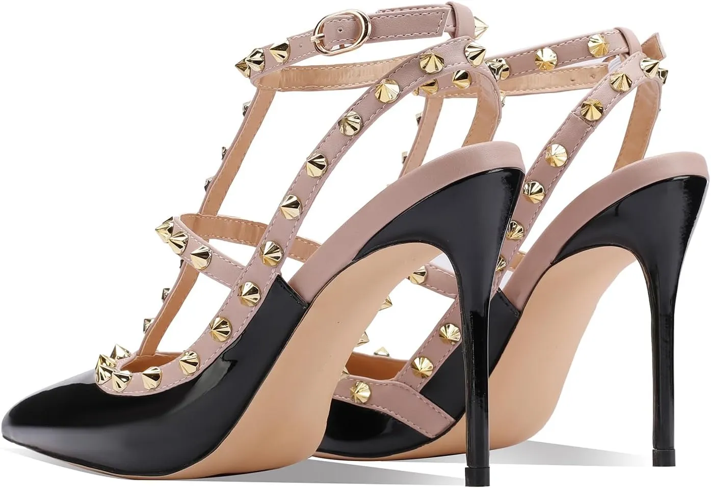 Womens Pointed Toe Rivets Ankle Strap Hollow Buckle Back Strap 3.9in Stiletto High Heels Sandals Parties Banquets Sexy Dressy Shoes