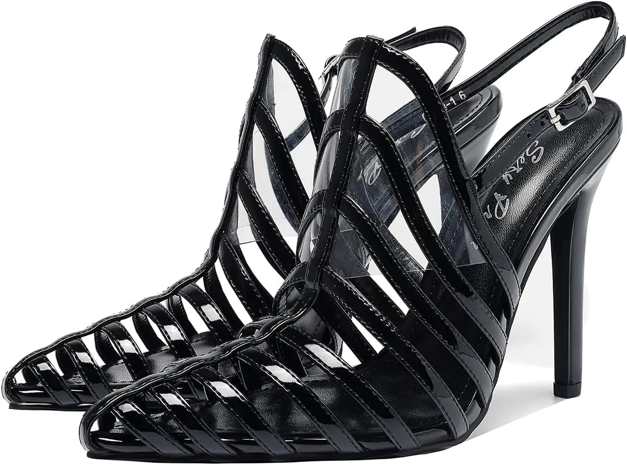 Women's Pointed Toe Stiletto 4.3IN High Heel Sandals Hollow Ankle Strap Dress Nightclub Party Fashion Shoes