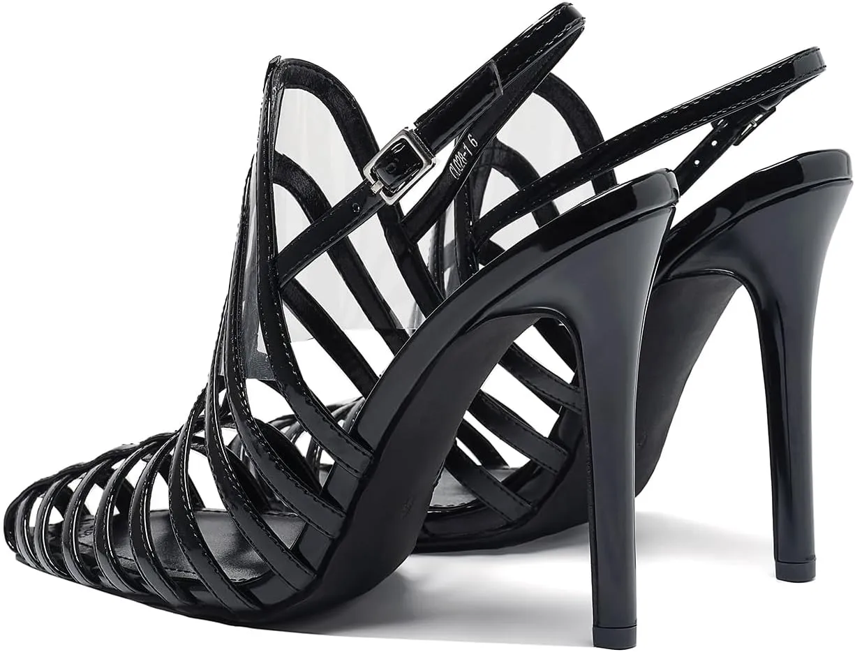 Women's Pointed Toe Stiletto 4.3IN High Heel Sandals Hollow Ankle Strap Dress Nightclub Party Fashion Shoes