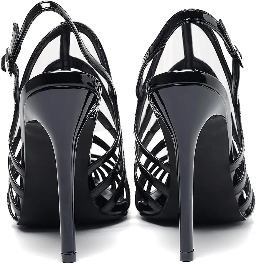 Women's Pointed Toe Stiletto 4.3IN High Heel Sandals Hollow Ankle Strap Dress Nightclub Party Fashion Shoes
