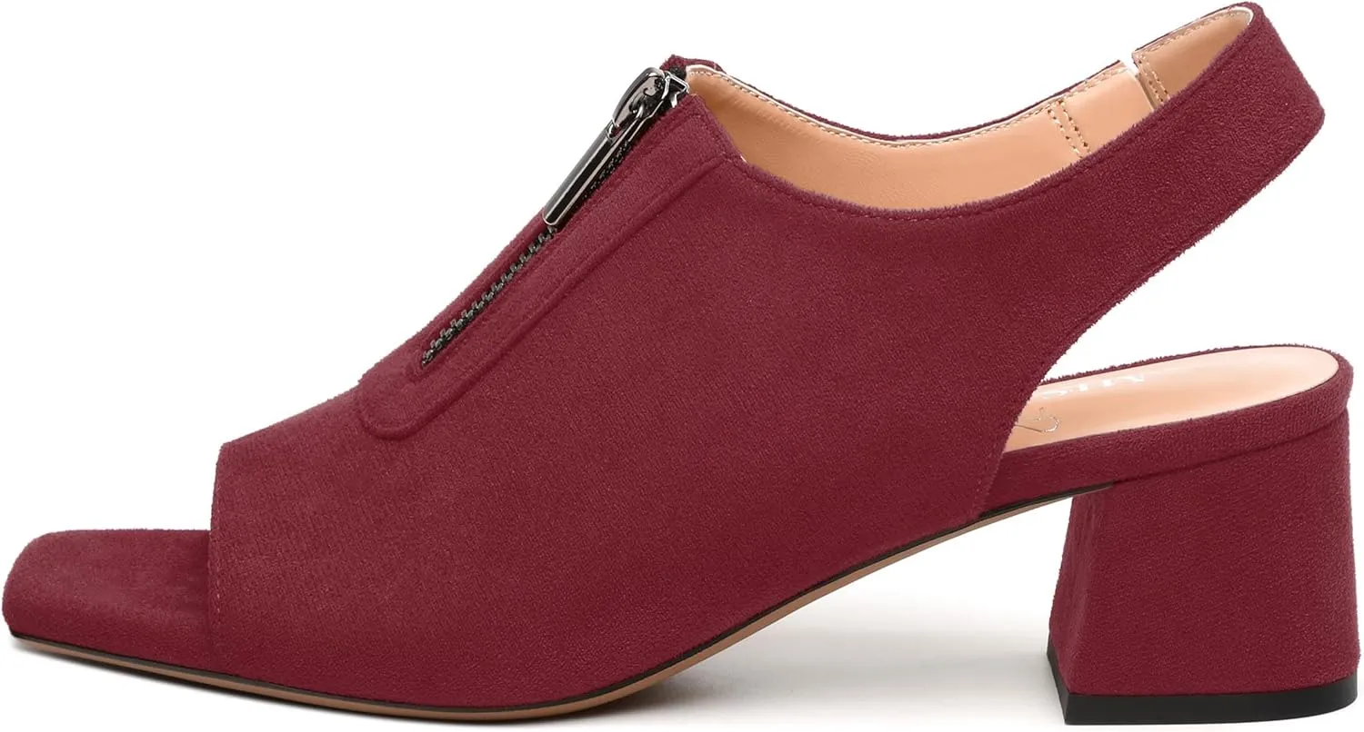 Womens Pumps, Square Peep Toe Block Heel Pumps for Women, Chunky Heel Open Toe Backless Pumps with Front Zipper 2