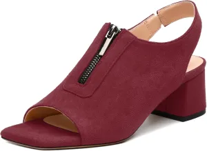 Womens Pumps, Square Peep Toe Block Heel Pumps for Women, Chunky Heel Open Toe Backless Pumps with Front Zipper 2