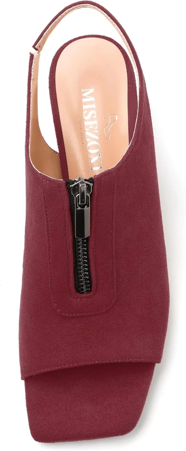Womens Pumps, Square Peep Toe Block Heel Pumps for Women, Chunky Heel Open Toe Backless Pumps with Front Zipper 2
