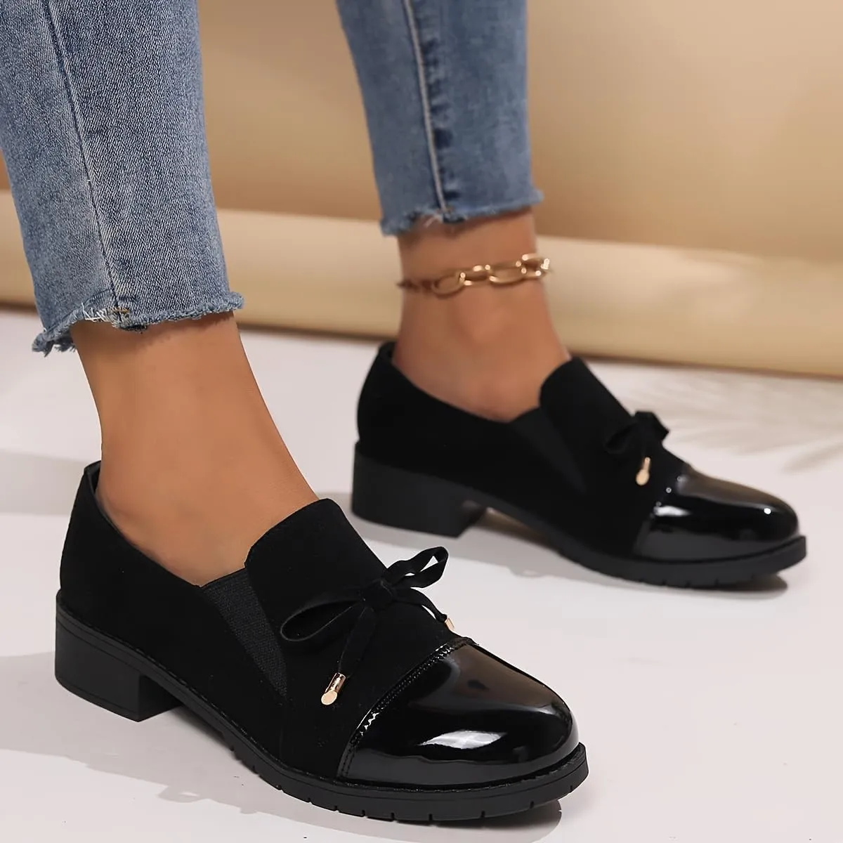 Women's Retro Bowknot Loafers - Breathable Slip-On with Chunky Heel, Black Cover & Cover Upper, Comfortable All-Season Nurse, Round Toe Design, Everyday | Retro Style Loafers