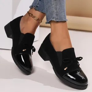 Women's Retro Bowknot Loafers - Breathable Slip-On with Chunky Heel, Black Cover & Cover Upper, Comfortable All-Season Nurse, Round Toe Design, Everyday | Retro Style Loafers