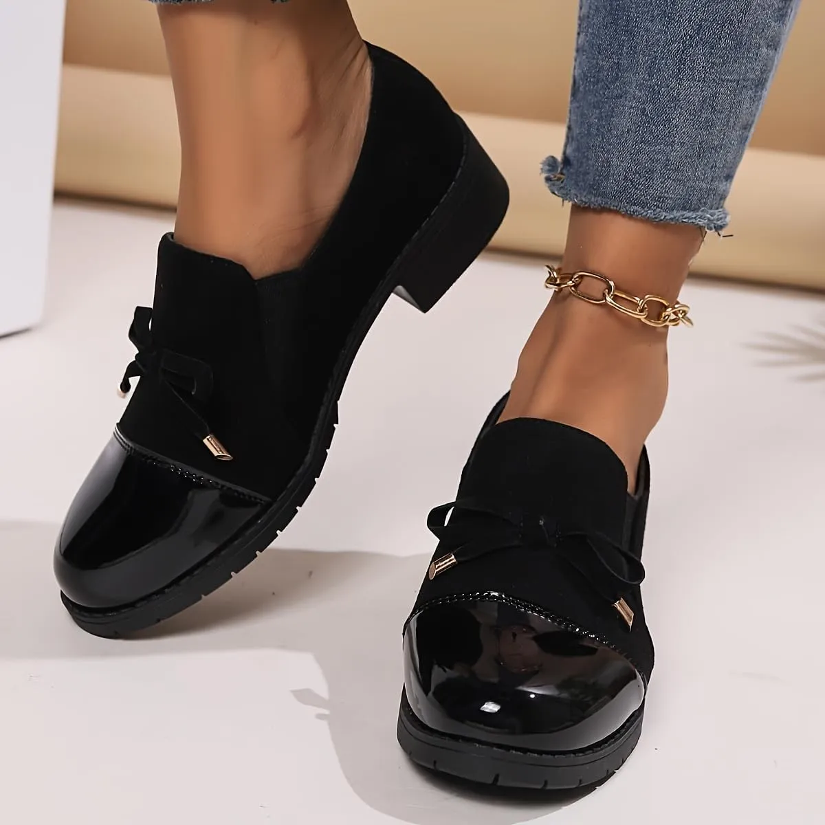 Women's Retro Bowknot Loafers - Breathable Slip-On with Chunky Heel, Black Cover & Cover Upper, Comfortable All-Season Nurse, Round Toe Design, Everyday | Retro Style Loafers