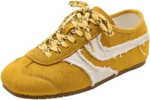Women's Retro Cowhide Sneakers – Chunky Lace-Up Casual Shoes with Anti-Wear Sole, Vintage Round Toe Walking Trainers, Animal Print Pony Hair Mixed Material Design