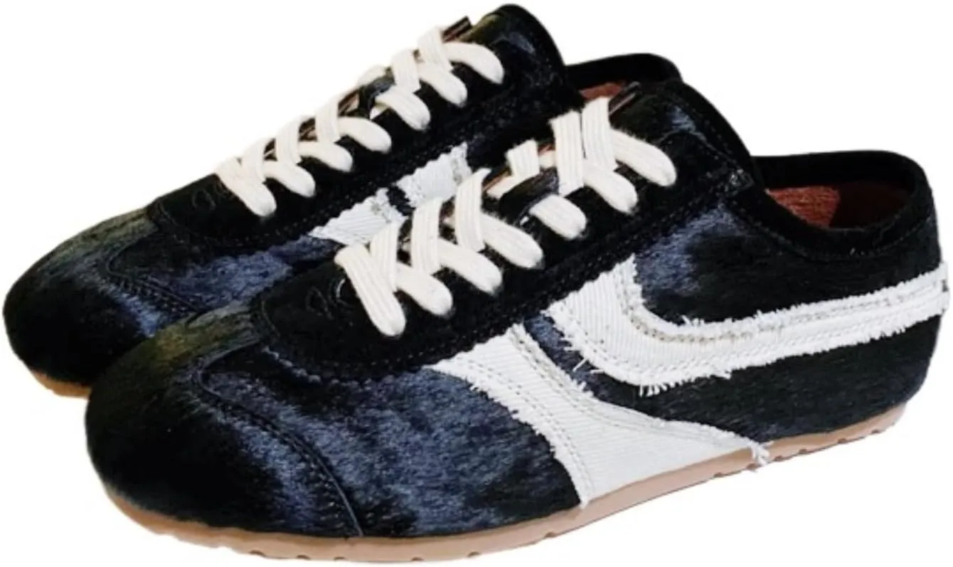 Women's Retro Cowhide Sneakers – Chunky Lace-Up Casual Shoes with Anti-Wear Sole, Vintage Round Toe Walking Trainers, Animal Print Pony Hair Mixed Material Design