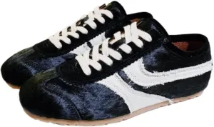 Women's Retro Cowhide Sneakers – Chunky Lace-Up Casual Shoes with Anti-Wear Sole, Vintage Round Toe Walking Trainers, Animal Print Pony Hair Mixed Material Design