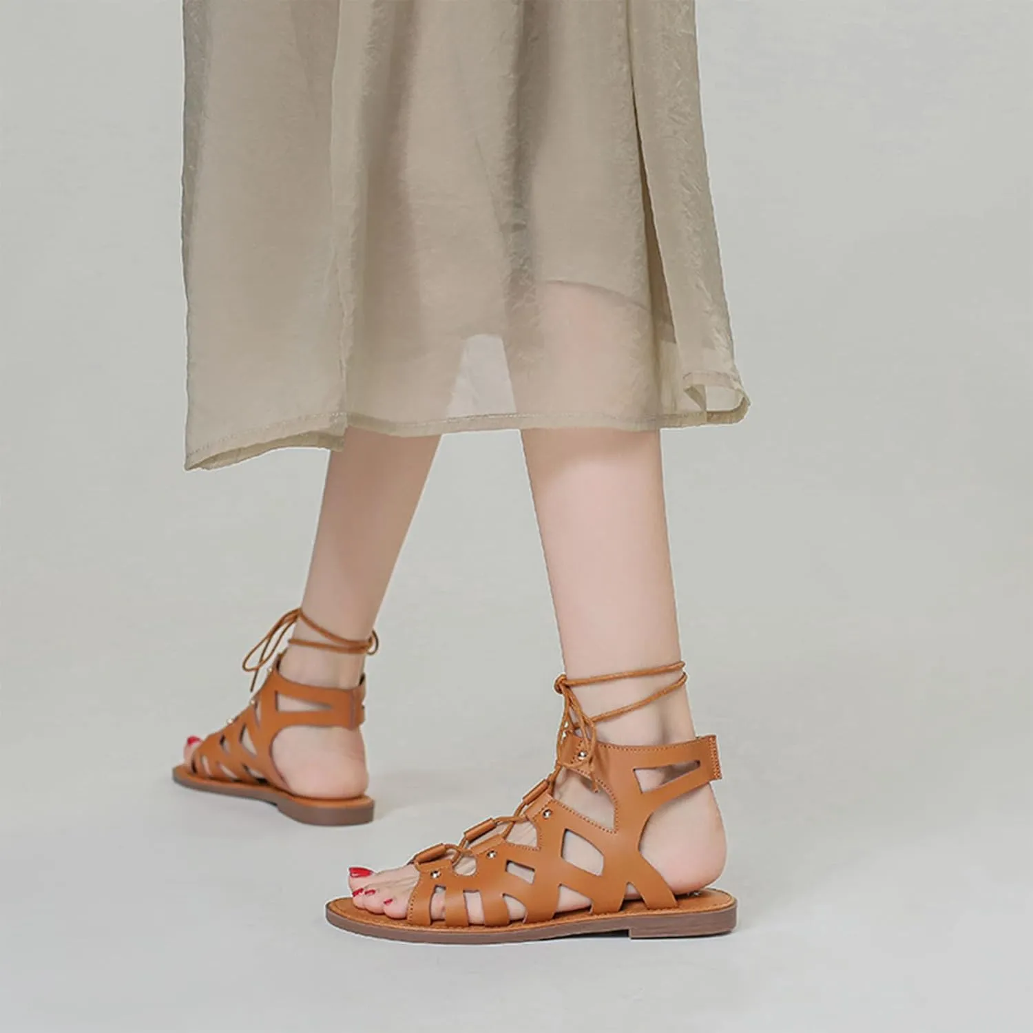 Women's Retro Cutout Open Toe Flat Roman Sandals Ankle-Wrap Lace-Up Gladiator Sandals Summer Outdoor Beach Sandals